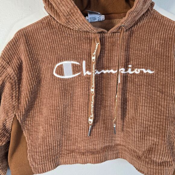 Champion Hoodie Women's XS Reverse Weave Brown Corduroy Cropped Y2K Athleisure - Picture 3 of 10